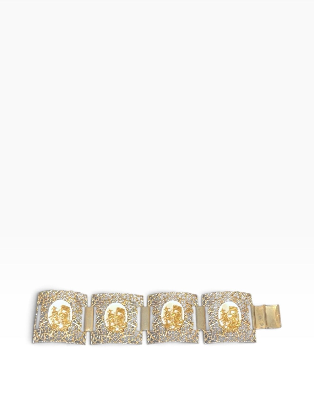 Source Unknown Two-Tone Gold and Silver Filigree Crest Panel Bracelet